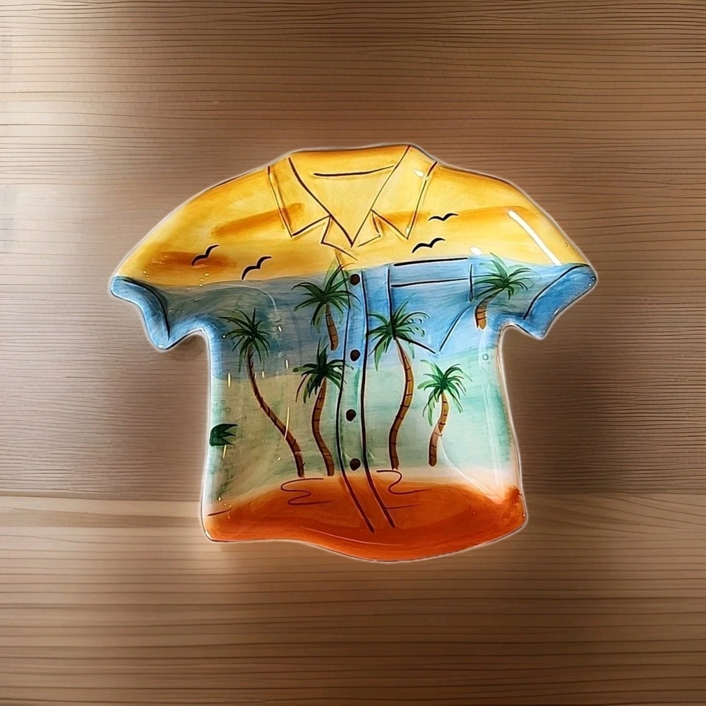 Hawaiian Shirt Serving Bowl 8.5"x7.25" Beach Scene Palm Trees Cook Gift Colorful